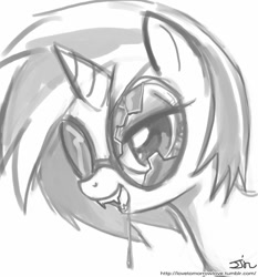Size: 735x788 | Tagged: safe, artist:johnjoseco, character:dj pon-3, character:vinyl scratch, species:pony, species:unicorn, bedroom eyes, black and white, broken glass, broken glasses, drool, fangs, female, glasses, grayscale, horn, kitchen eyes, mare, monochrome, open mouth, simple background, solo, sunglasses, vampire, vampony, vinyl the vampire, white background