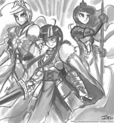 Size: 735x788 | Tagged: safe, artist:johnjoseco, character:princess celestia, character:princess luna, character:twilight sparkle, species:human, crossover, fate/stay night, grayscale, humanized, monochrome