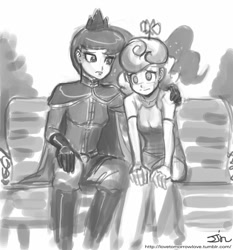 Size: 735x788 | Tagged: safe, artist:johnjoseco, character:princess luna, character:screwball, species:human, cape, clothing, grayscale, hat, humanized, military uniform, monochrome, propeller hat, swirly eyes, uniform, warrior luna