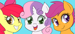 Size: 1200x540 | Tagged: safe, artist:empyu, character:apple bloom, character:scootaloo, character:sweetie belle, species:earth pony, species:pegasus, species:pony, species:unicorn, 30 minute art challenge, adorabloom, bust, cute, cutealoo, cutie mark crusaders, diasweetes, female, filly, group, looking at you, open mouth, portrait, simple background, smiling