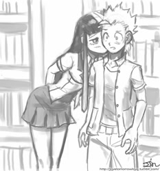 Size: 735x788 | Tagged: safe, artist:johnjoseco, character:spike, character:twilight sparkle, species:human, ship:twispike, blushing, clothing, female, grayscale, humanized, kiss on the cheek, kissing, male, monochrome, schoolgirl, shipping, spikelove, straight