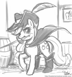 Size: 735x788 | Tagged: safe, artist:johnjoseco, character:applejack, crossover, grayscale, monochrome, musketeer, puss in boots, sword, weapon