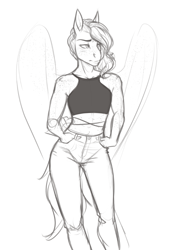 Size: 599x860 | Tagged: safe, artist:askbubblelee, oc, oc:cinder, oc:singe, species:anthro, species:pegasus, species:pony, anthro oc, clothing, female, freckles, mare, midriff, monochrome, ocbetes, pants, rule 63, sexy, simple background, sketch, solo, tank top, tomboy, white background