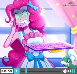 Size: 1160x1120 | Tagged: safe, alternate version, artist:the-butch-x, character:pinkie pie, character:tank, episode:the craft of cookies, g4, my little pony: equestria girls, my little pony:equestria girls, spoiler:eqg series (season 2), apron, armpits, baked bads, baking sheet, clothing, cookie, curtains, cyanide, female, foaming at the mouth, food, oven mitts, signature, smiling, solo, this will end in death, this will end in tears, this will end in tears and/or death, this will end in the hospital, tray, window