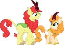 Size: 2129x1500 | Tagged: safe, artist:cloudyglow, character:bright mac, character:pear butter, species:kirin, ship:brightbutter, episode:the perfect pear, g4, my little pony: friendship is magic, cloven hooves, colored hooves, female, freckles, kirin-ified, looking at each other, male, shipping, simple background, smiling, species swap, straight, transparent background, vector