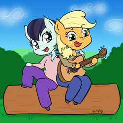 Size: 1000x1000 | Tagged: safe, artist:empyu, character:applejack, character:coloratura, species:anthro, species:earth pony, species:pony, ship:rarajack, 30 minute art challenge, acoustic guitar, arm hooves, bush, clothing, cloud, female, freckles, grass, guitar, lesbian, log, open mouth, pants, rara, semi-anthro, shipping, signature, sitting, sky