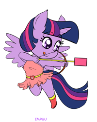 Size: 800x1000 | Tagged: safe, artist:empyu, character:twilight sparkle, character:twilight sparkle (alicorn), species:alicorn, species:anthro, species:pony, 45 minute art challenge, arrow, boots, bow (weapon), bow and arrow, chibi, clothing, cupid, dress, female, shoes, simple background, weapon, white background