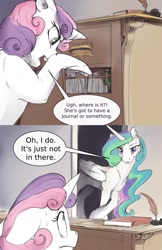 Size: 1280x1976 | Tagged: safe, artist:silfoe, character:princess celestia, character:sweetie belle, species:alicorn, species:pony, species:unicorn, royal sketchbook, book, caught, comic, crossed hooves, crossed legs, desk, dialogue, eye contact, female, file cabinet, filly, floppy ears, frown, gritted teeth, inkwell, leaning, lidded eyes, looking at each other, mare, now you fucked up, oh crap face, oops, quill, raised hoof, smiling, smirk, snooping, speech bubble, sweat, sweatdrop, sweetie fail, this will end in banishment, this will end in tears and/or a journey to the moon, this will end in tears and/or death and/or covered in tree sap, this will not end well, wide eyes, you dun goofed