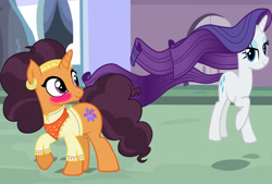 Size: 1600x1079 | Tagged: safe, artist:cloudyglow, artist:ktd1993, artist:sofunnyguy, character:rarity, character:saffron masala, species:pony, blushing, female, flowing hair, lesbian, raffron, shipping