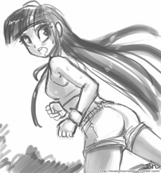 Size: 735x788 | Tagged: safe, artist:johnjoseco, character:twilight sparkle, species:human, ass, clothing, female, grayscale, humanized, looking back, midriff, monochrome, shorts, solo, sports bra, sweat, twibutt