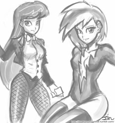 Size: 735x788 | Tagged: safe, artist:johnjoseco, character:dj pon-3, character:octavia melody, character:vinyl scratch, species:human, clothing, dc comics, duo, duo female, female, grayscale, humanized, livewire, looking at you, monochrome, pantyhose, zatanna
