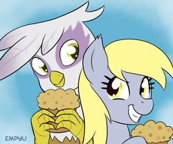 Size: 1000x833 | Tagged: safe, artist:empyu, character:derpy hooves, character:gilda, species:griffon, species:pegasus, species:pony, abstract background, bust, duo, duo female, ear fluff, female, food, hoof hold, looking at each other, mare, muffin, signature, smiling