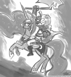 Size: 735x788 | Tagged: safe, artist:johnjoseco, character:nightmare moon, character:princess luna, axe, crossover, grayscale, horseless headless horsemann, looking at you, majestic, monochrome, napoleon crossing the alps, rearing, reins, riding, team fortress 2, weapon