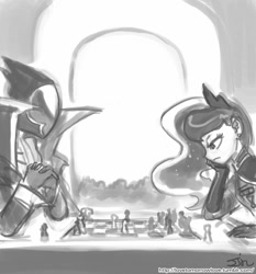 Size: 735x788 | Tagged: safe, artist:johnjoseco, character:princess luna, species:human, chess, code geass, crossover, frown, glare, grayscale, humanized, leaning, monochrome, thinking, zero