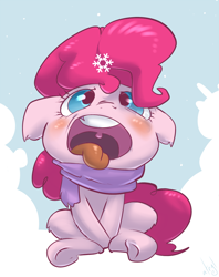 Size: 712x900 | Tagged: safe, artist:atryl, character:pinkie pie, clothing, cute, diapinkes, female, leg fluff, scarf, sitting, snow, snowfall, snowflake, solo, tongue out, winter