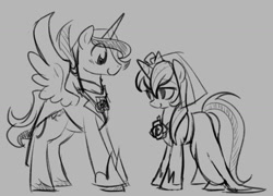 Size: 1081x778 | Tagged: safe, artist:egophiliac, character:princess cadance, character:shining armor, species:alicorn, species:pony, species:unicorn, clothing, dress, duo, female, gleaming shield, gray background, grayscale, male, mare, monochrome, prince bolero, rule 63, simple background, stallion, tuxedo, wedding dress