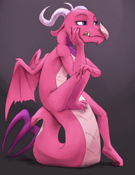 Size: 2550x3300 | Tagged: safe, artist:silfoe, species:dragon, background dragon, ballista, bored, commission, dragoness, female, gray background, hand on face, simple background, sitting, solo, tail stand, teenaged dragon