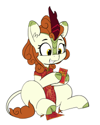 Size: 1601x1987 | Tagged: safe, artist:pabbley, character:autumn blaze, species:kirin, episode:sounds of silence, g4, my little pony: friendship is magic, awwtumn blaze, cheongsam, chinese new year, clothing, cloven hooves, colored hooves, cute, dress, female, hoof hold, red envelope, simple background, smiling, solo, transparent background