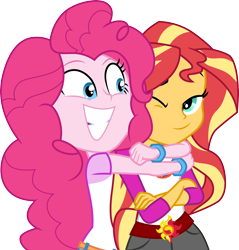 Size: 3000x3136 | Tagged: safe, artist:cloudyglow, character:pinkie pie, character:sunset shimmer, equestria girls:legend of everfree, g4, my little pony: equestria girls, my little pony:equestria girls, .ai available, clothing, female, hug, one eye closed, shirt, shorts, simple background, smiling, transparent background, vector