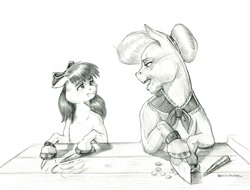 Size: 1400x1065 | Tagged: safe, artist:baron engel, character:apple bloom, character:granny smith, species:earth pony, species:pony, bonding, bow, carrot, duo, female, filly, floppy ears, food, grandmother, grandmother and grandchild, grayscale, hair bow, hockmesser, knife, looking at each other, mare, monochrome, open mouth, pencil drawing, simple background, story in the source, traditional art, white background