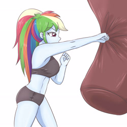 Size: 2952x2952 | Tagged: safe, artist:sumin6301, character:rainbow dash, my little pony:equestria girls, boxing, clothing, female, fit, midriff, ponytail, punching bag, sandbag, simple background, solo, sports bra, sports panties, training, white background