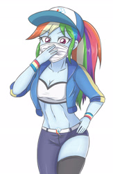 Size: 1874x2874 | Tagged: safe, artist:sumin6301, character:rainbow dash, my little pony:equestria girls, abs, akali, belly button, breasts, cleavage, clothing, crossover, female, jacket, k-pop, k/da, league of legends, midriff, pants, sexy, simple background, solo, tube top, white background, wristband