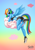 Size: 955x1351 | Tagged: safe, artist:mysticalpha, character:rainbow dash, species:anthro, species:pegasus, species:plantigrade anthro, g4, clothing, cloud, cute, cutie mark, female, legasus, looking at you, looking back, mare, midriff, profile, shoes, shorts, signature, sky, smiling, sneakers, solo, sports bra, spread wings, wings