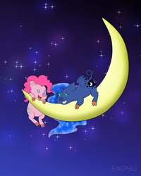 Size: 800x1000 | Tagged: safe, artist:empyu, character:pinkie pie, character:princess luna, cloven hooves, crescent moon, cute, diapinkes, duo, female, lunabetes, moon, night, pig, piggie pie, pigified, princess moonpig, sky, smiling, species swap, stars, tangible heavenly object, transparent moon
