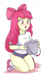 Size: 1661x2733 | Tagged: safe, artist:sumin6301, character:apple bloom, my little pony:equestria girls, blushing, bow, breasts, bucket, busty apple bloom, clothing, converse, female, hair bow, ice, ice bucket challenge, open mouth, shirt, shoes, shorts, simple background, socks, solo, white background