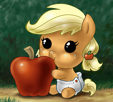 Size: 379x342 | Tagged: safe, artist:ianpo, artist:johnjoseco, character:applejack, species:pony, animated, apple, baby, baby pony, babyjack, cute, diaper, eating, eye shimmer, female, foal, jackabetes, puffy cheeks, smiling, solo, sucking, weapons-grade cute