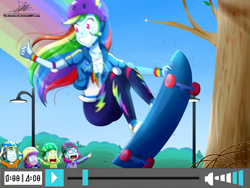 Size: 1360x1020 | Tagged: safe, artist:the-butch-x, character:lily longsocks, character:rainbow dash, character:super funk, episode:sic skateboard, g4, my little pony: equestria girls, my little pony:equestria girls, spoiler:eqg series (season 2), background human, child, children, clothing, don't try this at home, female, gallop j. fry, geode of super speed, grin, helmet, imminent pain, little red, looking back, magical geodes, male, motion blur, skateboard, skateboarding, smiling, this will end in pain, this will end in tears, this will end in the hospital, thumbs up, watch out for that tree