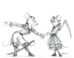 Size: 1400x1102 | Tagged: safe, artist:baron engel, character:apple bloom, oc, oc:king trafalgar maximilian augustus leopold iii, species:anthro, grayscale, monochrome, mouse, pencil drawing, scythe, simple background, species swap, traditional art, white background