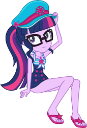 Size: 3000x4390 | Tagged: safe, artist:cloudyglow, artist:sugar-loop, character:twilight sparkle, character:twilight sparkle (scitwi), species:eqg human, equestria girls:forgotten friendship, g4, my little pony: equestria girls, my little pony:equestria girls, .ai available, absurd resolution, attached skirt, blue swimsuit, bow swimsuit, captain hat, clothing, cute, feet, female, flip-flops, geode of telekinesis, glasses, magical geodes, one-piece swimsuit, ponytail, sandals, simple background, skirt, sleeveless, solo, striped swimsuit, swimsuit, transparent background, tricolor swimsuit, twiabetes, vector