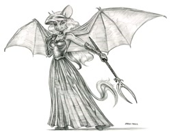 Size: 1400x1112 | Tagged: safe, artist:baron engel, character:princess luna, species:anthro, bat wings, clothing, female, grayscale, monochrome, mouse, pencil drawing, scythe, simple background, solo, species swap, traditional art, white background, wings