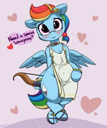 Size: 2524x3000 | Tagged: safe, artist:pabbley, character:rainbow dash, species:pony, episode:hearts and hooves day, g4, my little pony: friendship is magic, abstract background, bipedal, blushing, bow, bow (weapon), bracelet, bronybait, choker, cupid, cute, dashabetes, dialogue, eros, female, heart, holiday, jewelry, looking at you, solo, speech bubble, talking to viewer, valentine's day, wide hips