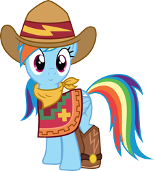 Size: 1362x1500 | Tagged: safe, artist:cloudyglow, character:rainbow dash, species:pegasus, species:pony, episode:28 pranks later, episode:five to nine, equestria girls:dance magic, g4, my little pony: equestria girls, my little pony: friendship is magic, my little pony:equestria girls, spoiler:eqg specials, boots, clothing, cowgirl, cowgirl outfit, cute, equestria girls ponified, female, hat, mare, poncho, ponified, shoes, simple background, smiling, solo, transparent background, vector