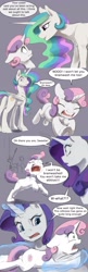 Size: 1280x3955 | Tagged: safe, artist:silfoe, character:princess celestia, character:rarity, character:sweetie belle, species:alicorn, species:pony, species:unicorn, royal sketchbook, ship:rarilestia, comic, cutie mark, dialogue, ethereal mane, female, filly, foal, glowing horn, gray background, lesbian, magic, mare, open mouth, panic, running, screaming, shipping, simple background, smiling, speech bubble, telekinesis, underhoof