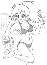Size: 1653x2283 | Tagged: safe, artist:sumin6301, character:rainbow dash, species:human, armpits, ball, belly button, bikini, clothing, female, humanized, lineart, midriff, monochrome, smiling, solo, sports, swimsuit, volleyball