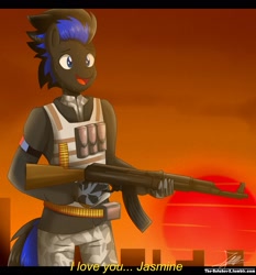 Size: 1572x1684 | Tagged: safe, artist:the-butch-x, oc, oc only, oc:lt.hunter, species:anthro, ak-47, assault rifle, body armor, camouflage, gun, last man battalion, male, mercenary, rifle, solo, sunset, sweat, text, the division, weapon