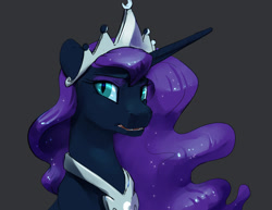 Size: 1280x989 | Tagged: safe, artist:silfoe, character:nightmare moon, character:princess luna, species:alicorn, species:pony, alternate universe, bust, fangs, female, gray background, horn, jewelry, looking at you, mare, moonsetmlp, regalia, simple background, slit eyes, slit pupils, solo