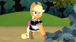 Size: 1280x720 | Tagged: safe, artist:johnjoseco, edit, edited screencap, screencap, character:applejack, species:earth pony, species:pony, episode:spike at your service, g4, my little pony: friendship is magic, bipedal, bow, choker, clothing, collar, cowboy hat, dress, female, fishnets, hat, maid, maidjack, mare, thread