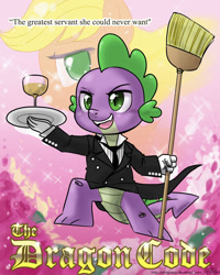 Size: 800x1000 | Tagged: safe, artist:johnjoseco, character:applejack, character:spike, ship:applespike, episode:spike at your service, g4, my little pony: friendship is magic, anime, blackletter, broom, clothing, female, glass, gloves, male, necktie, platter, shipping, straight, wine glass