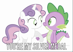 Size: 810x581 | Tagged: safe, artist:dm29, character:spike, character:sweetie belle, species:dragon, species:pony, species:unicorn, ship:spikebelle, caption, female, image macro, male, meme, shipping, simple background, straight, text, white background