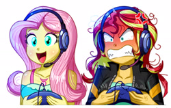 Size: 2158x1360 | Tagged: safe, artist:the-butch-x, edit, character:fluttershy, character:sunset shimmer, episode:game stream, g4, my little pony: equestria girls, my little pony:equestria girls, spoiler:eqg series (season 2), angry, bloodshot eyes, clothing, controller, cross-popping veins, cute, female, gamer sunset, gamershy, geode of fauna, happy, headphones, headset, magical geodes, meme, open mouth, psycho gamer sunset, rage, rage face, rageset shimmer, shrunken pupils, shyabetes, simple background, sunset shimmer frustrated at game, sunset shimmer is not amused, unamused, upscaled, varying degrees of amusement, white background