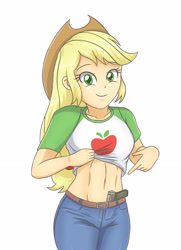 Size: 2479x3424 | Tagged: safe, artist:sumin6301, character:applejack, g4, my little pony: equestria girls, my little pony:equestria girls, abs, applejack's hat, belly button, belt, clothing, cowboy hat, cute, denim, female, freckles, geode of super strength, glock, gun, handgun, hat, high res, jackabetes, jeans, lifting, looking at you, magical geodes, midriff, pants, pistol, shirt, shirt lift, simple background, smiling, solo, stetson, this will end in pain and/or tears and/or death, weapon, white background