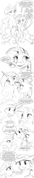 Size: 1280x6595 | Tagged: safe, artist:silfoe, character:princess celestia, character:rarity, character:sweetie belle, species:alicorn, species:pony, species:unicorn, royal sketchbook, ship:rarilestia, black and white, comic, cutie mark, dialogue, female, filly, foal, grayscale, lesbian, lineart, mare, monochrome, protective little sister, shipping, simple background, speech bubble, the cmc's cutie marks, trio, white background