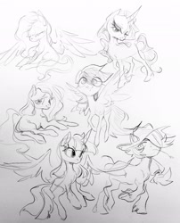 Size: 1651x2048 | Tagged: safe, artist:glacierclear, character:applejack, character:fluttershy, character:pinkie pie, character:rainbow dash, character:rarity, character:twilight sparkle, character:twilight sparkle (alicorn), species:alicorn, species:earth pony, species:pegasus, species:pony, species:unicorn, female, mane six, mare, monochrome, simple background, sketch, sketch dump, traditional art, unshorn fetlocks, white background
