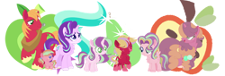 Size: 1024x350 | Tagged: safe, artist:blueberrymuffin02, artist:selenaede, base used, character:big mcintosh, character:starlight glimmer, oc, oc:jiji glimmer, oc:klara glimmer, oc:mike mac, oc:sugar apple, oc:triples, parent:big macintosh, parent:cheerilee, parent:starlight glimmer, parents:cheerimac, parents:glimmermac, species:earth pony, species:pony, species:unicorn, ship:glimmermac, baby, baby pony, chest fluff, colt, cutie mark background, family, female, filly, freckles, half-siblings, male, mare, offspring, shipping, stallion, straight