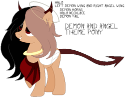 Size: 504x394 | Tagged: safe, artist:cosmic-wonders, artist:selenaede, base used, oc, oc only, oc:alice moon, species:demon pony, species:pony, angel, bat wings, black sclera, colored sclera, demon, devil horns, female, halo, horns, hybrid, hybrid wings, jewelry, mare, necklace, raised hoof, simple background, solo, transparent background, wings