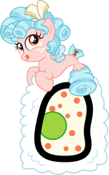 Size: 937x1500 | Tagged: safe, artist:cloudyglow, character:cozy glow, species:seapony (g4), cozybetes, cute, female, food, micro, ponies in food, seaponified, seapony cozy, seapony cozy glow, simple background, solo, species swap, sushi, sushi pony, tongue out, transparent background